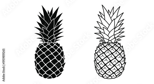 Two stylized pineapple illustrations in black and white