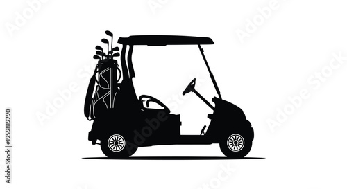 Silhouette of a golf cart with clubs viewed from the side