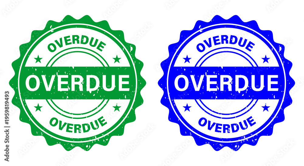 Obraz premium Blue Overdue Word Round Rubber Seal Stamp with Grunge Texture. set of stamps