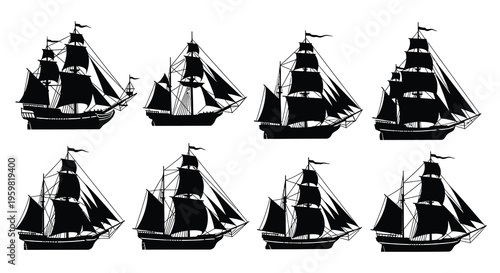 Collection of vintage sailing ships depicted in a dark silhouette