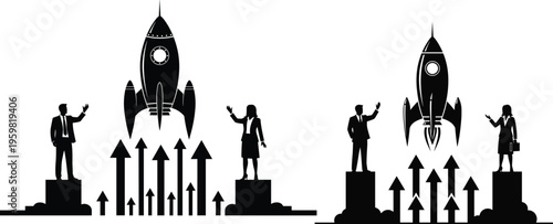 Business leadership concept with rocket launch, arrows pointing upward, male and female entrepreneurs guiding innovation, teamwork, success, growth, ambition, progress, future vision