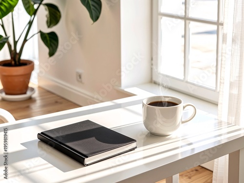 Bright and Cozy Workspace with Coffee Cup and Notebook on Table