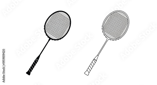 Two badminton rackets depicted in a simple black and white illustration