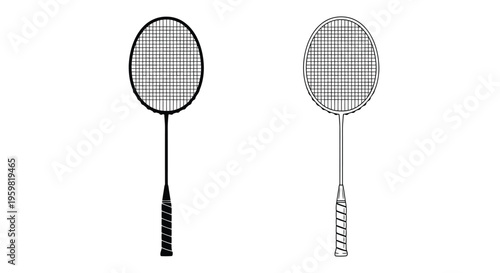 Two black and white illustrations of badminton rackets on a white background
