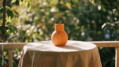 Orange Ceramic Vase on Table Against Green Nature Background