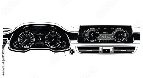 Modern car dashboard view with detailed instruments a striking silhouette