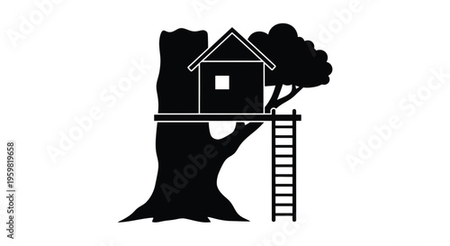 Simple black and white illustration of a treehouse built within a tree