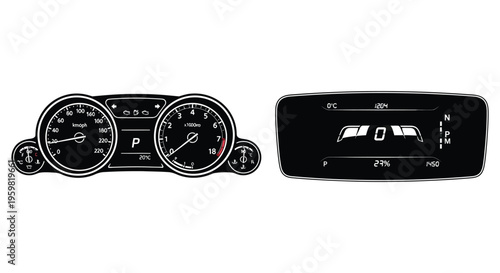 Automotive dashboard gauges and display a stark black silhouette