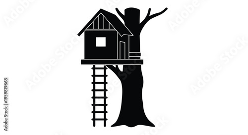 A simple black and white illustration of a treehouse nestled in a tree