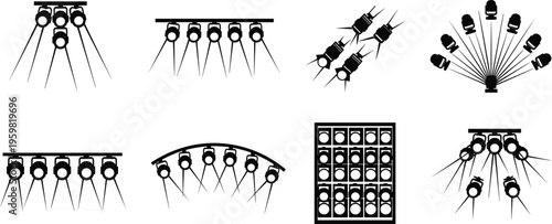 Stage lights set silhouette concert lighting equipment spotlights rig vector illustration black white show illumination design elements collection