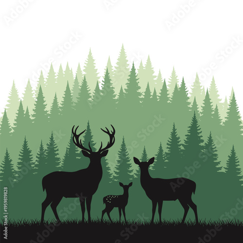 Deer family in forest silhouette scene.