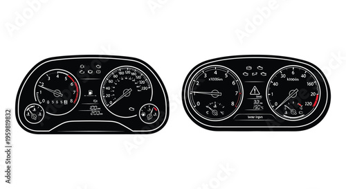 Two automotive dashboard instrument panels presented in black silhouette