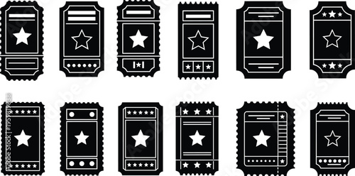 Vintage ticket set silhouette retro admission coupons star labels black vector illustration collection classic design elements isolated template bundle