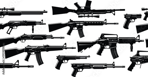 Large, collection, of, modern, firearms, silhouettes, featuring, assault, rifles, pistols, shotguns, and, tactical, weapons, for, military, defense, and, security, concepts.