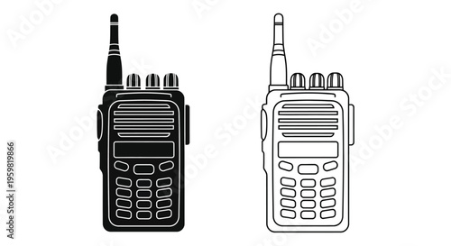 Two black and white illustrations of walkie talkie radios side by side