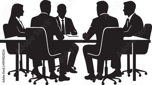 A vector illustration depicts silhouettes of business people and a team of men and women working at an office table with a computer and phone during a professional meeting