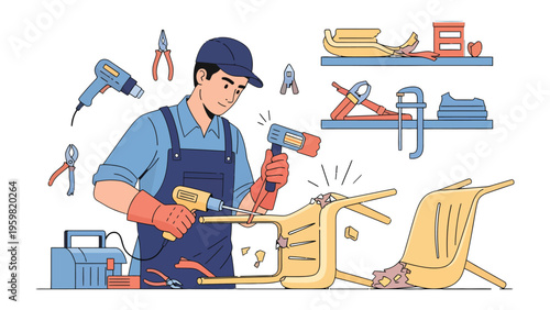 Craftsman Restoring Furniture: A skilled craftsman meticulously repairs a piece of furniture in his workshop, surrounded by essential tools of the trade, highlighting the art of restoration.