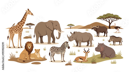 African Safari Animals Collection: Lion, Elephant, Giraffe, Zebra, Rhino, Hippo, Buffalo, Ostrich, Warthog, Antelope