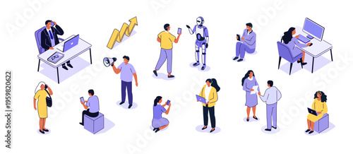 People in office isometric collection. Characters using laptop, smartphone, integrating with ai robot. Vector illustration.
