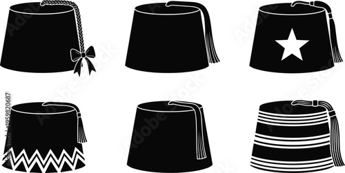 Fez hat collection silhouette traditional Turkish headwear tassel variations vintage cultural accessory black vector illustration set isolated design elements