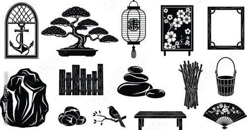 Japanese Zen decorative elements set bonsai lantern frame anchor rocks bamboo sticks fan minimal black silhouette vector collection design assets