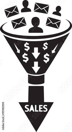 silhouette of email funnel converting leads to sales arrow 