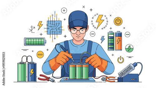Tech Artisan: The artisan, bathed in the soft glow of innovation, meticulously works on batteries, wires, and electronic components, a testament to the seamless integration of technology.