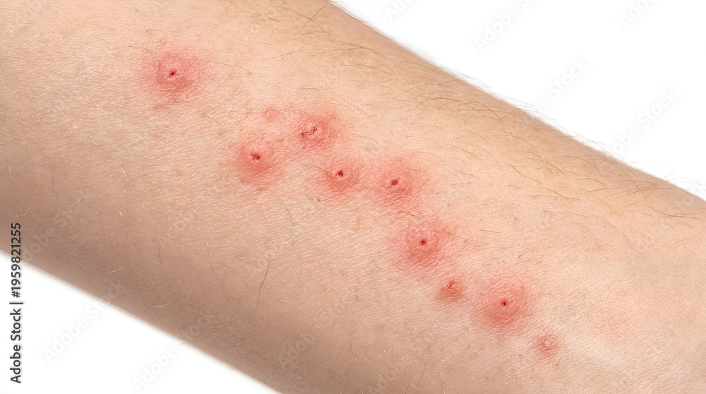 Naklejka premium Red Bed Bug Bites in a Linear Row on Human Skin
