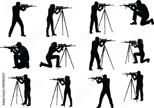 Silhouettes of rifle shooters using tripods in standing, kneeling, crouching stances, firearm training, tactical shooting positions, military practice illustration pack