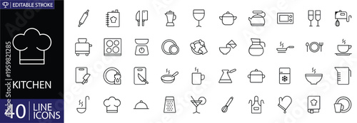 Kitchen and Cooking Line Icons Set, Utensils, Food Preparation, Chef Tools, Appliances, Editable Stroke Vector Collection