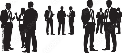 A group of business people silhouettes featuring a diverse corporate team and leader standing together in suits to represent successful teamwork and office management