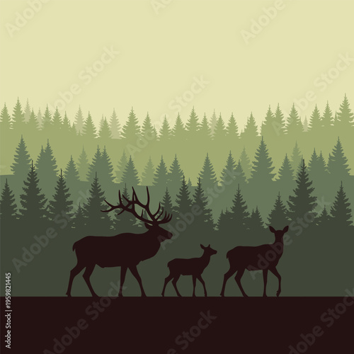 Deer family walking in forest together.