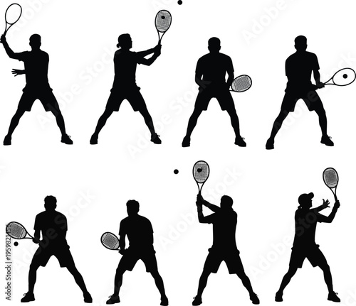 Tennis player silhouettes collection showing racket swing, hitting ball, serving, forehand, backhand, dynamic sports action poses, athletic training, competition illustration pack