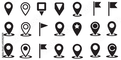 Location pin map marker icon set, GPS navigation and geolocation symbols for mobile apps, digital maps, tracking systems and user interface design