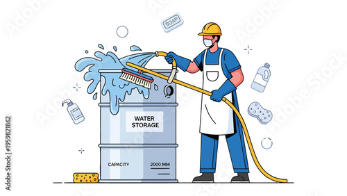 Purification Precision: A sanitation worker in protective gear meticulously cleans a water storage barrel.
