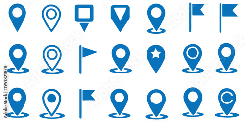 Location pin map marker icon set, GPS navigation and geolocation symbols for mobile apps, digital maps, tracking systems and user interface design