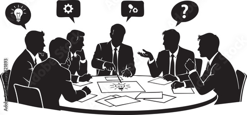 Vector cartoon illustration of a business team having a meeting in an office room with a businessman and businesswoman working together at a desk with a computer for a teamwork job concept