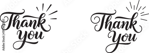 Hand drawn thank you cards with artistic calligraphy and sunburst designs