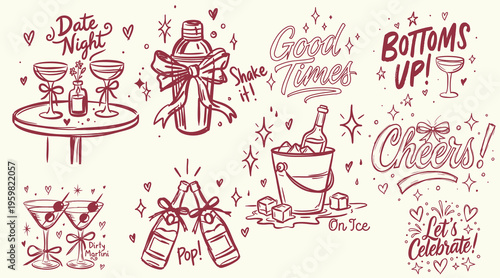 A vector set of hand-drawn doodles featuring various party and celebration icons like cocktails, wine bottles, and festive cheers, perfect for promoting events, parties, and beverage brands in social 