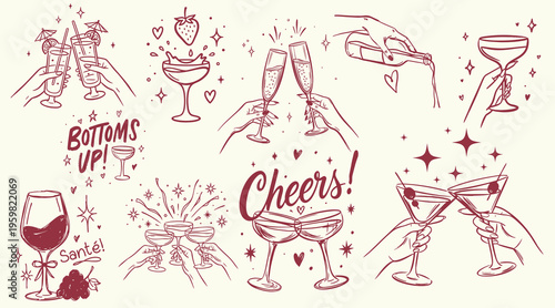 A vector illustration set featuring hand-drawn doodles of various glasses, toasts, and celebration symbols, perfect for use in event marketing, social media posts, and drink promotions in hospitality 