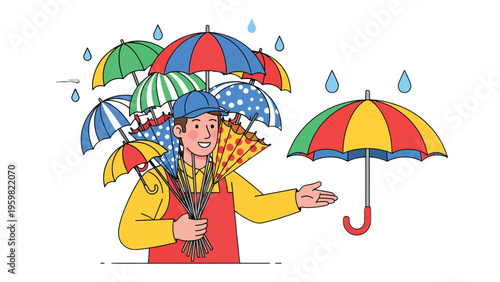 Umbrella Man: A vibrant illustration showcasing an umbrella seller with his colorful collection, standing amidst a light drizzle, offering protection and cheer.