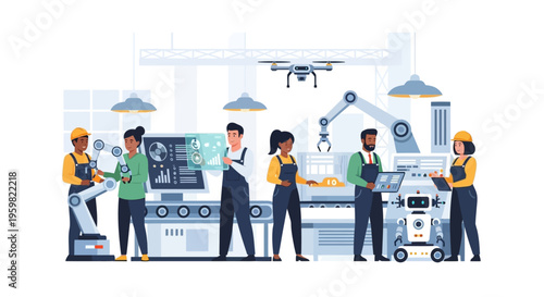 Automated Smart Factory: Diverse Workforce, Robotics, Drones, and Digital Technology in Modern Manufacturing