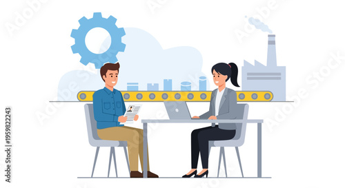 Job Interview in Factory Environment: HR Manager and Candidate Discussing Employment and Manufacturing Production