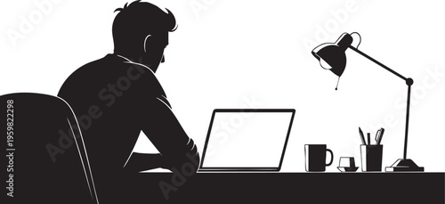 Silhouette of a professional woman sitting at a desk typing on a laptop keyboard to represent modern business technology and internet communication
