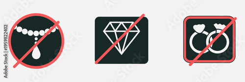 vector no jewelry allowed icon set, prohibited necklace rings and accessory symbols, minimal modern line art with editable strokes, isolated scalable illustrations suitable for workplace, public areas