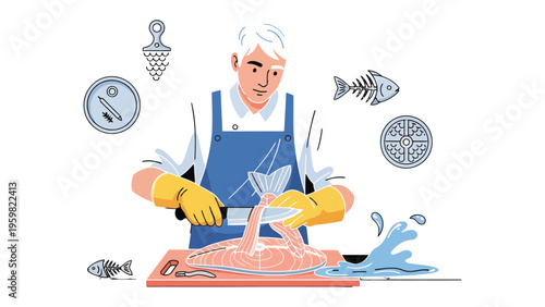 The Art of Butchery: A culinary craftsman skillfully prepares a fresh fish fillet, showcasing expertise and the freshness of the catch.