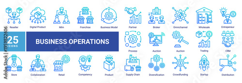 Business Operations icon set featuring distribution,startup,partnership,supply chain,funding,and operational process concepts.Perfect for business apps,web design,and corporate visuals.
