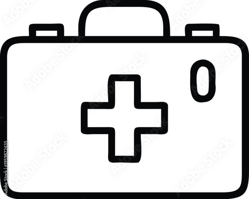 A simple black and white line drawing depicts a closed first aid kit with a prominent medical cross symbol on the front high quality professional detailed