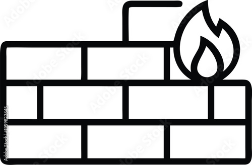A simple black and white line drawing depicts a brick wall with a flame emerging from its upper right corner high quality professional detailed modern elegant