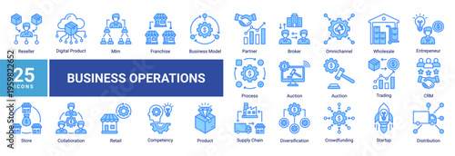 Business Operations icon set featuring distribution,startup,partnership,supply chain,funding,and operational process concepts.Perfect for business apps,web design,and corporate visuals.